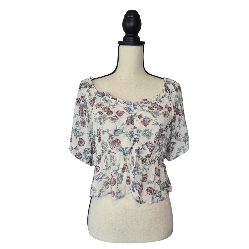 TRUE CRAFT Floral Ruched Peplum Blouse Cream Puff Sleeve Crop Top Boho Size L